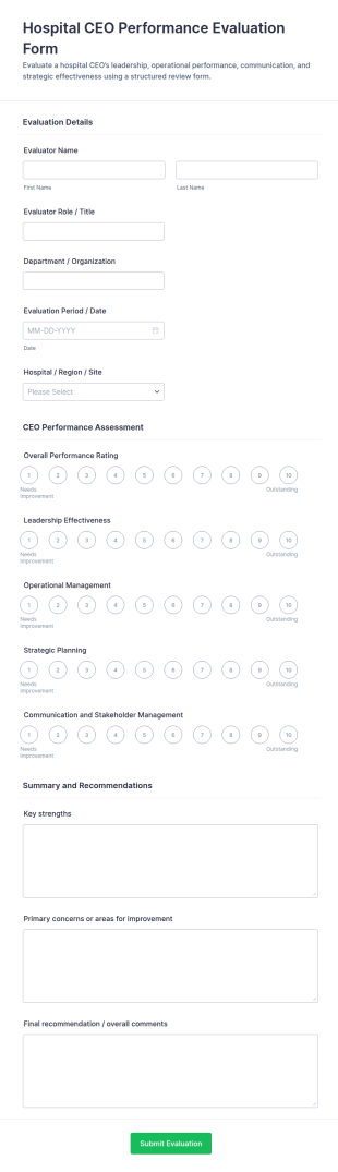 Hospital CEO Performance Evaluation Form Template