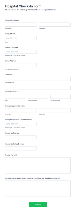 Hospital Check In Form Form Template