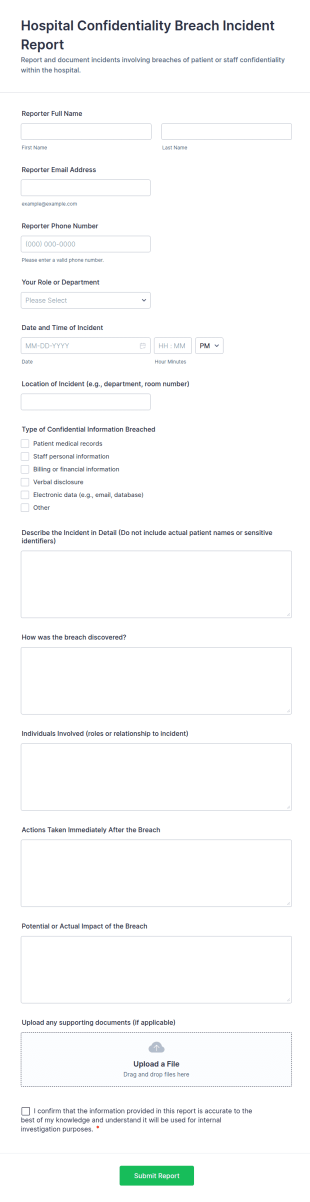 Hospital Confidentiality Breach Incident Report Form Template
