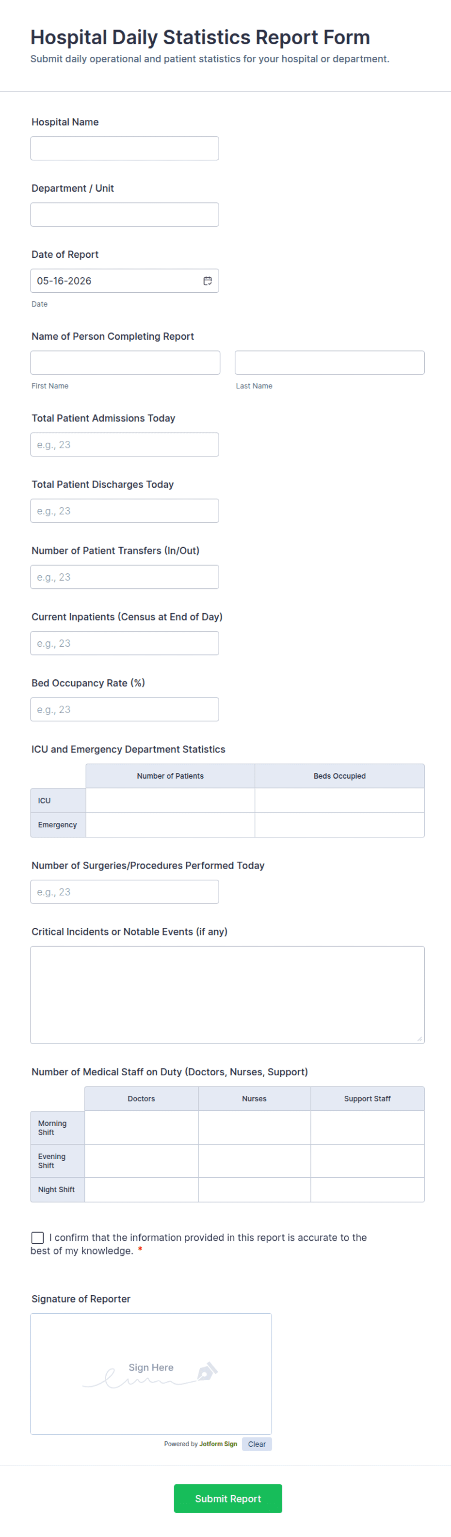 Daily Statistics Report Example Hospital Daily Statistics Report Form Template | Jotform