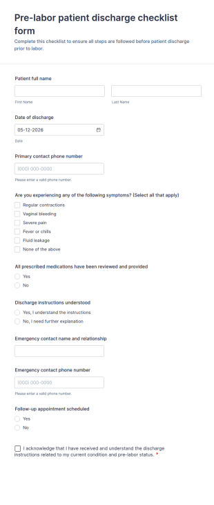 Hospital Discharge Before Labor Starts Checklist Form Template