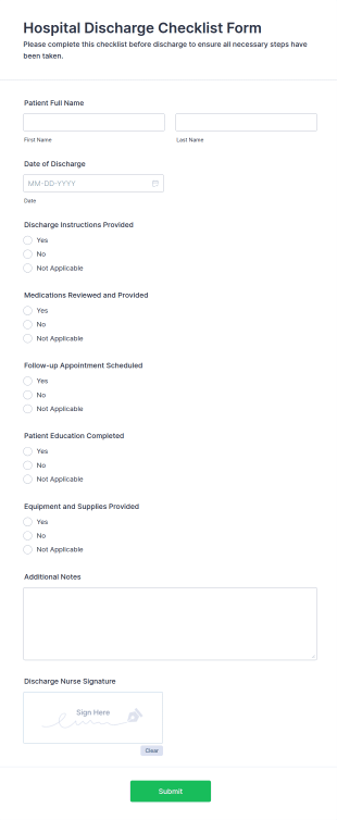 Hospital Discharge Checklist Form Template