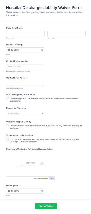 Hospital Discharge Liability Waiver Form Template