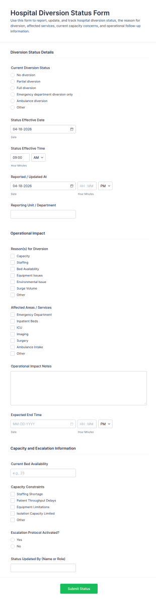 Hospital Diversion Status Form Template