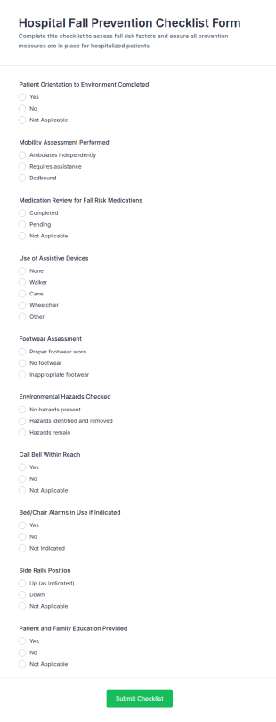 Hospital Fall Prevention Checklist Form Template