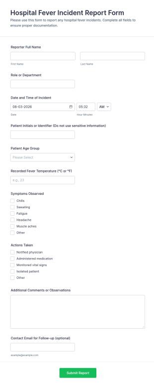 Hospital Fever Incident Report Form Template