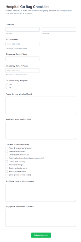 Hospital Go Bag Checklist Form Template