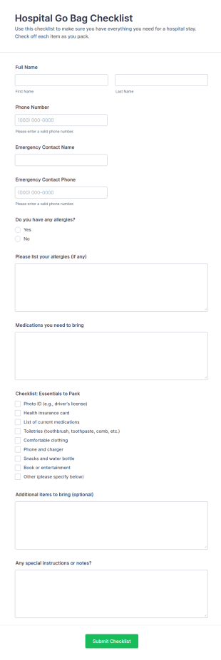 Hospital Go Bag Checklist Form Template
