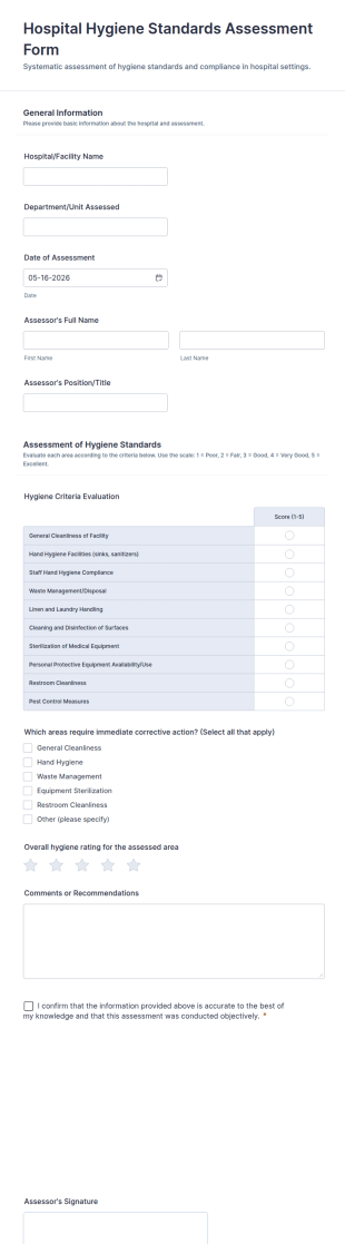 Hospital Hygiene Standards Assessment Form Template