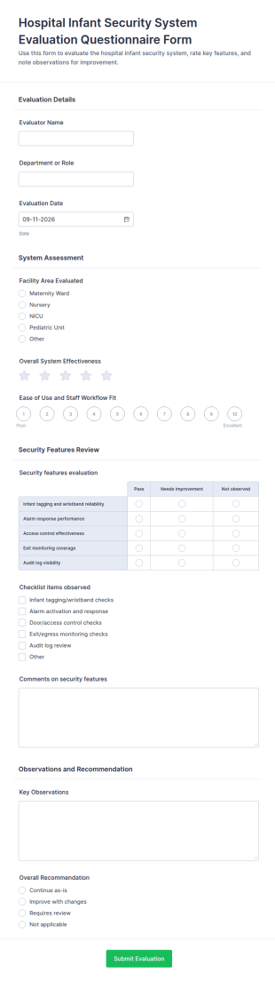 Hospital Infant Security System Evaluation Questionnaire Form Template