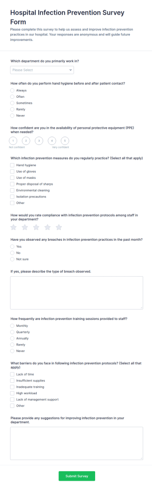 Hospital Infection Prevention Survey Form Template