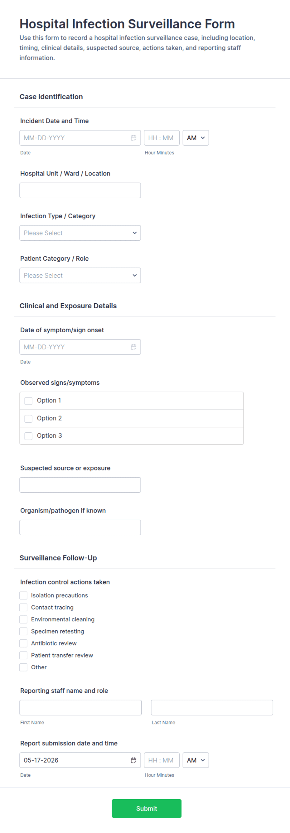 Hospital Infection Surveillance Form Template | Jotform