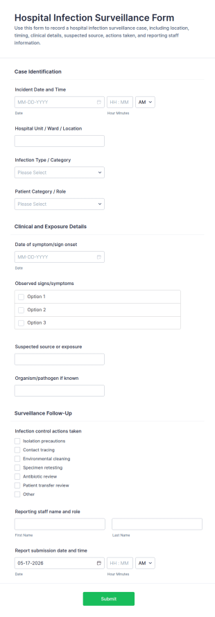 Hospital Infection Surveillance Form Template
