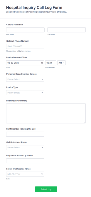 Hospital Inquiry Call Log Form Template