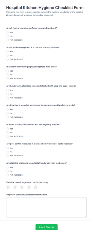 Hospital Kitchen Hygiene Checklist Form Template