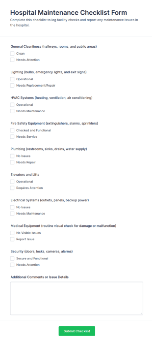 Hospital Maintenance Checklist Form Template