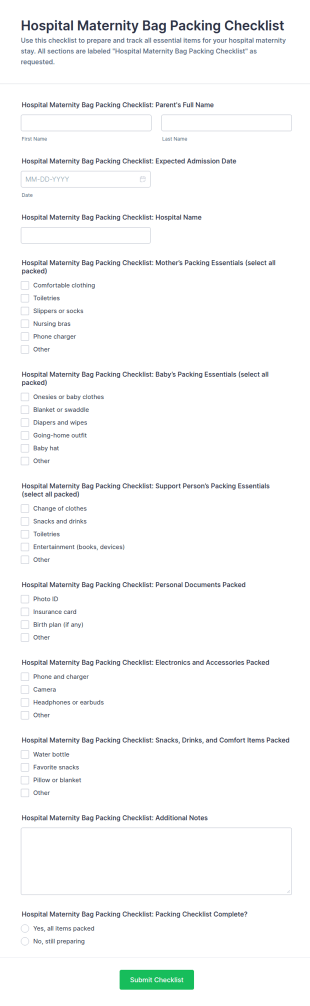 Hospital Maternity Bag Packing Checklist Form Template