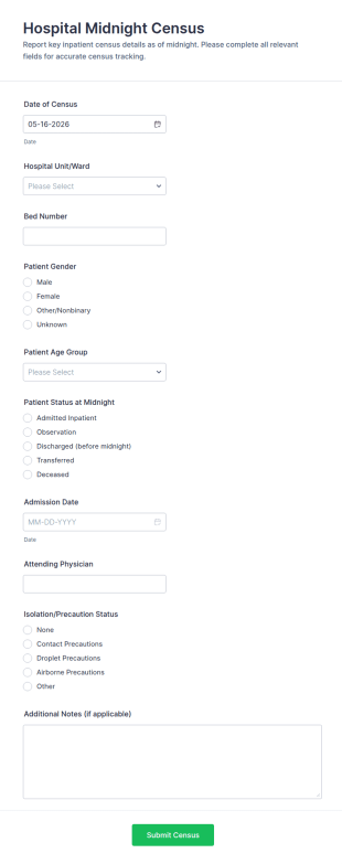 Hospital Midnight Census Form Template