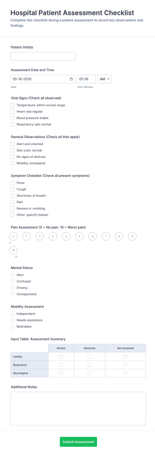 Hospital Patient Assessment Checklist Form Template