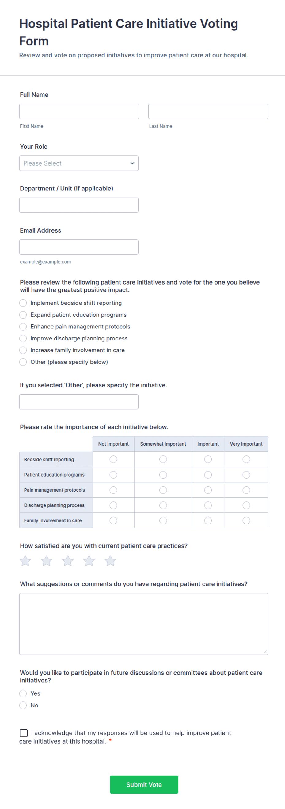Hospital Patient Care Initiative Voting Form Template | Jotform