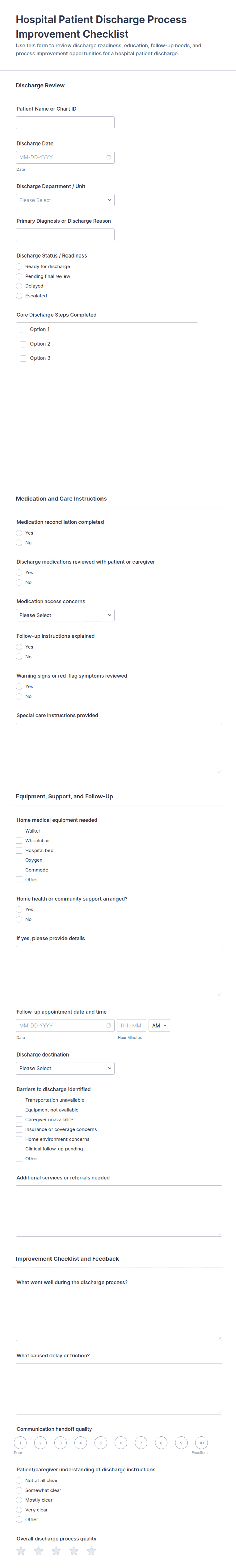 Hospital Patient Discharge Process Improvement Checklist Form Template ...
