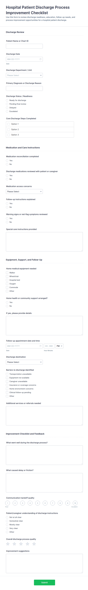 Hospital Patient Discharge Process Improvement Checklist Form Template