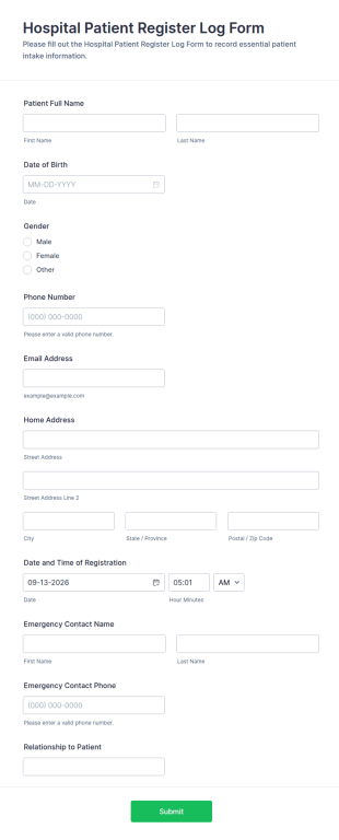 Hospital Patient Register Log Form Template