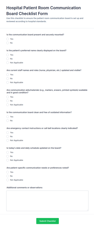 Hospital Patient Room Communication Board Checklist Form Template