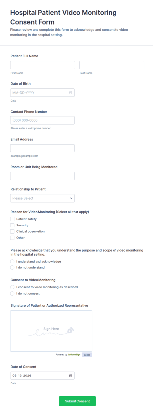 Hospital Patient Video Monitoring Consent Form Template