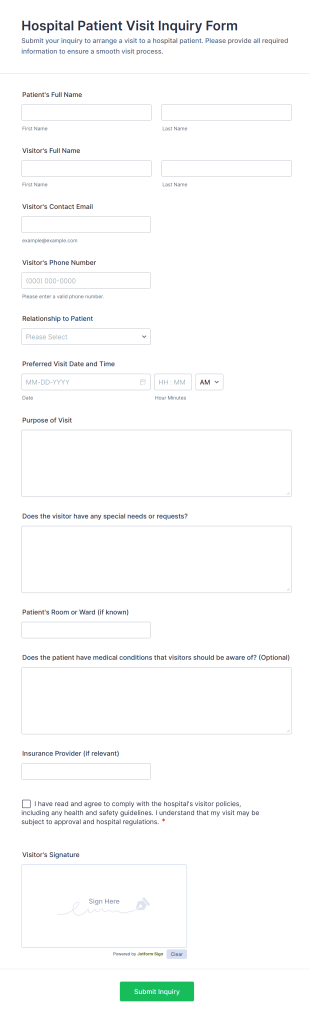 Hospital Patient Visit Inquiry Form Template