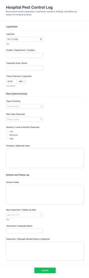 Hospital Pest Control Log Form Template