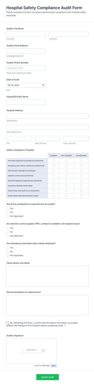 Hospital Safety Compliance Audit Form Template