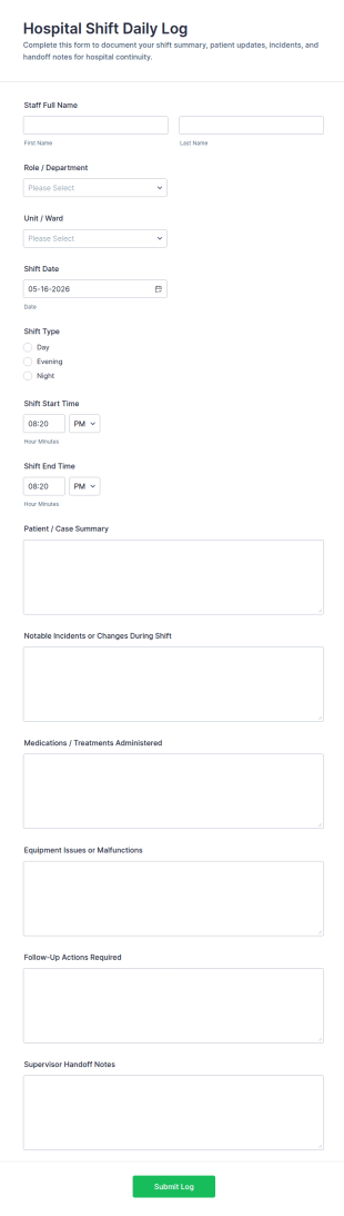 Hospital Shift Daily Log Form Template
