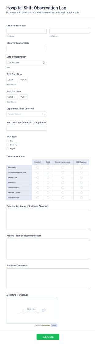 Hospital Shift Observation Log Form Template