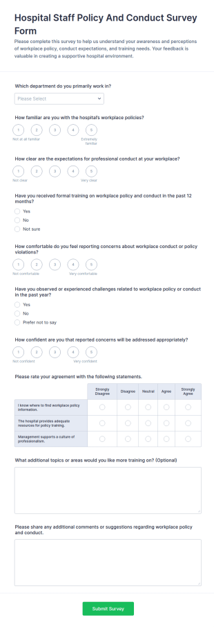 Hospital Staff Policy And Conduct Survey Form Template