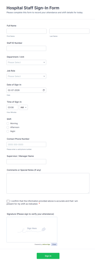 Hospital Staff Sign In Form Template
