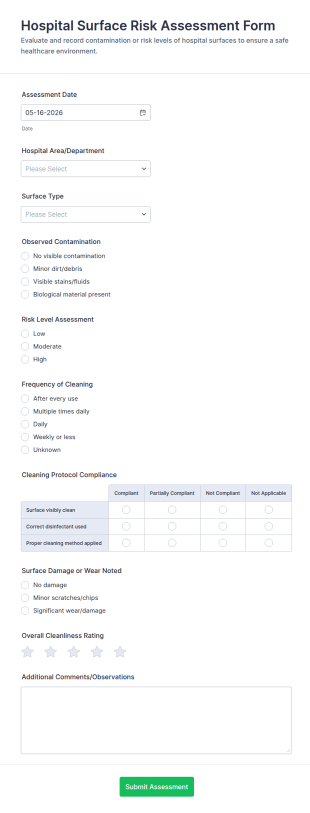 Hospital Surface Risk Assessment Form Template