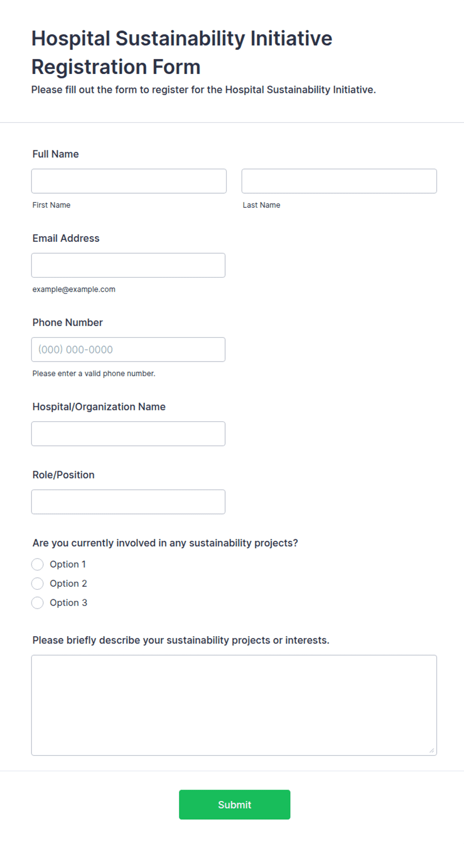 Hospital Sustainability Initiative Registration Form Template | Jotform