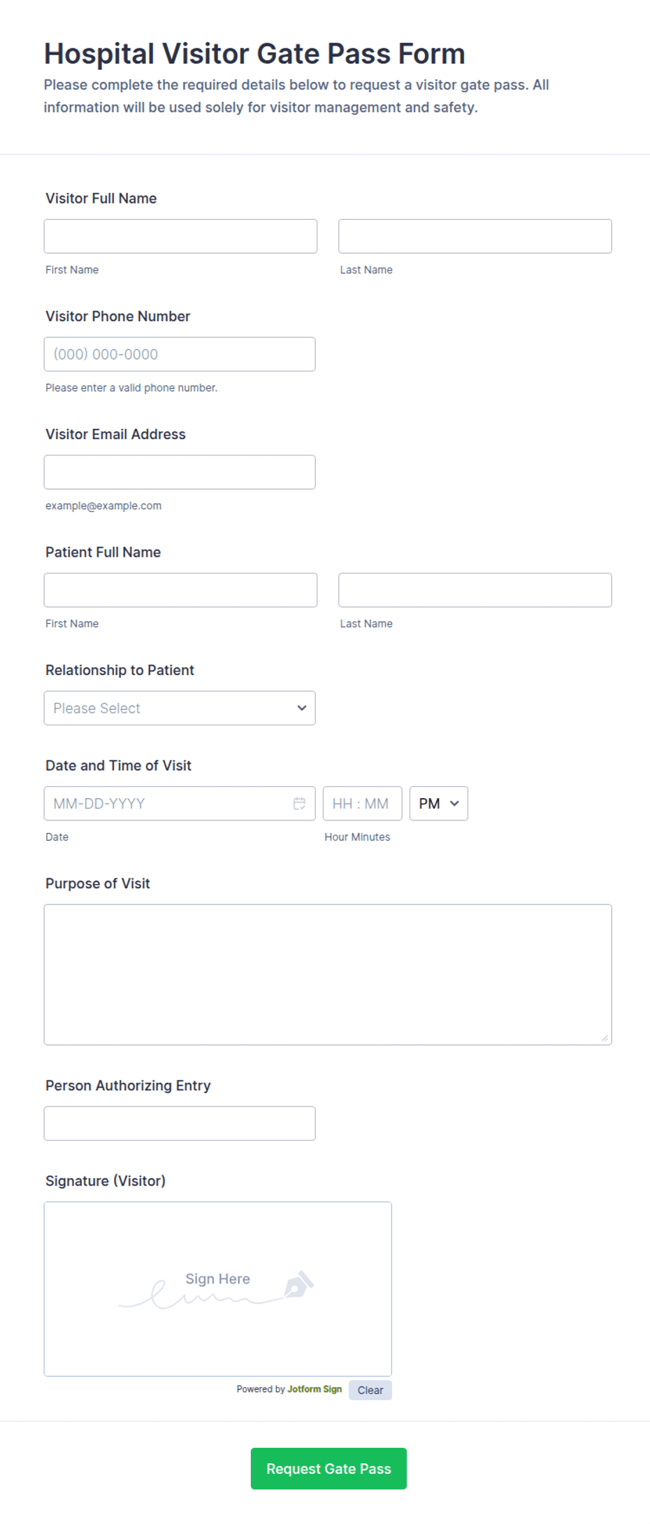 Hospital Visitor Gate Pass Form Template | Jotform