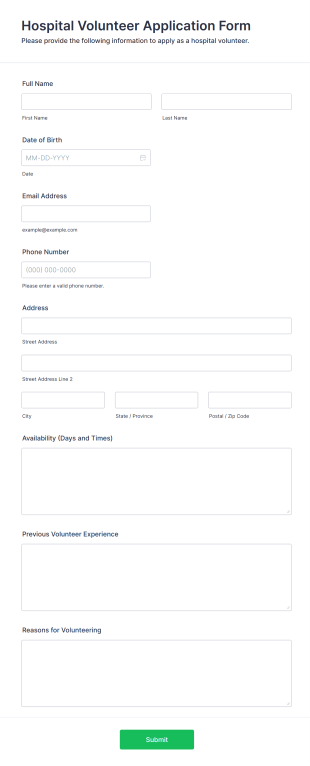 Hospital Volunteer Application Form Form Template