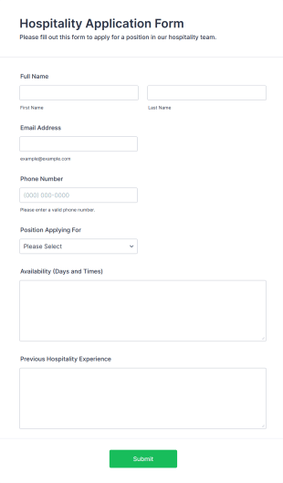 Hospitality Application Form Template