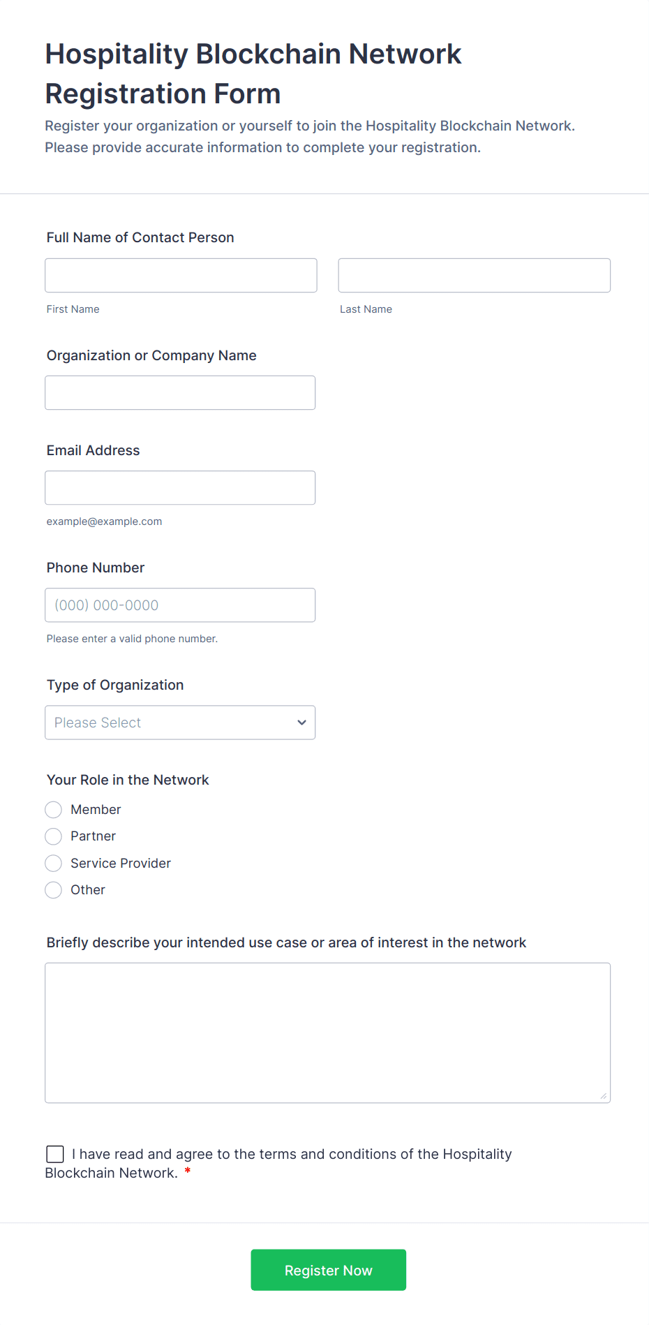 Hospitality Blockchain Network Registration Form Template | Jotform