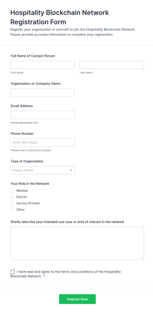 Hospitality Blockchain Network Registration Form Template