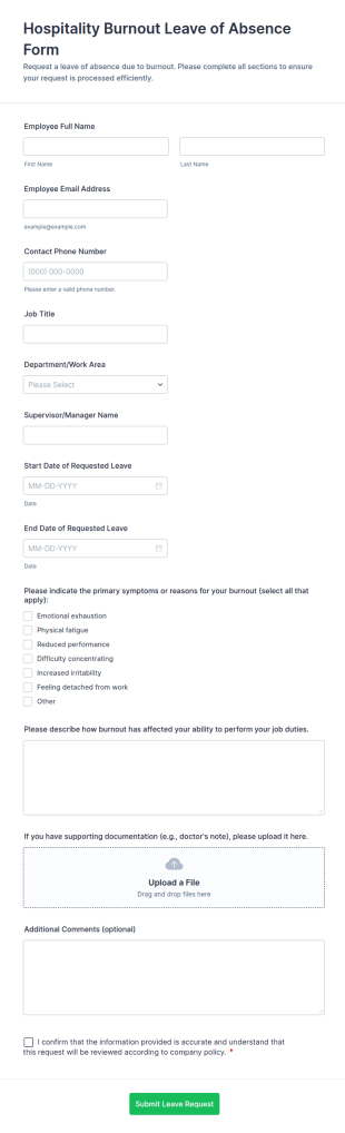Hospitality Burnout Leave Of Absence Form Template