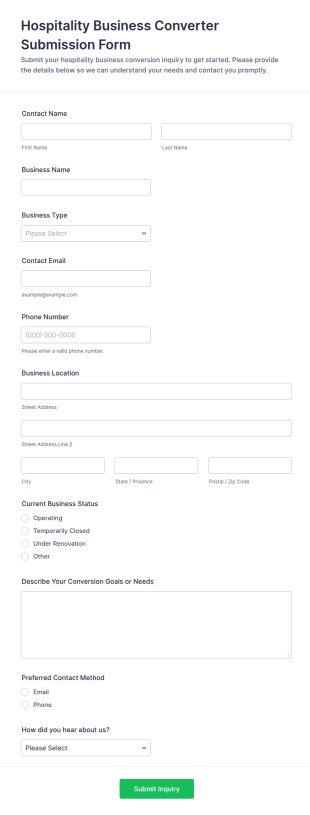 Hospitality Business Converter Submission Form Template