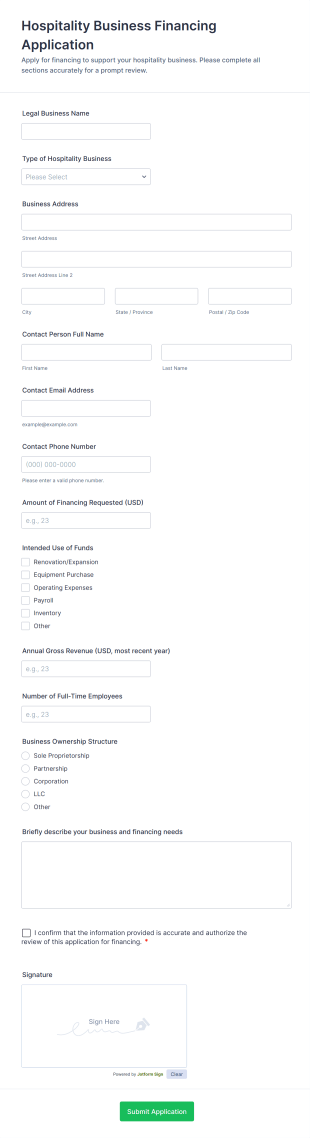 Hospitality Business Financing Application Form Template