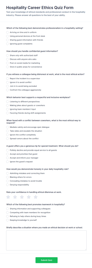 Hospitality Career Ethics Quiz Form Template