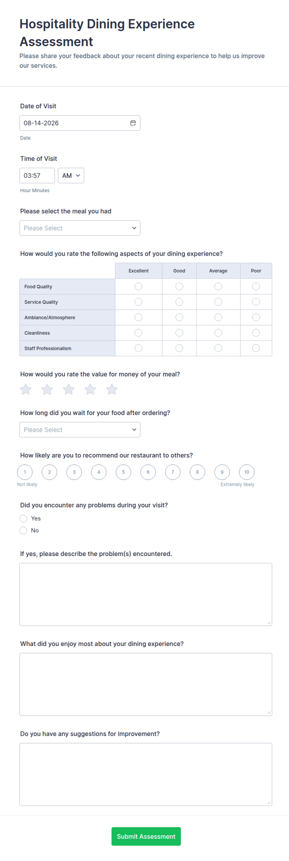 Dining Qapi Form Hospitality Dining Experience Assessment Form Template | Jotform