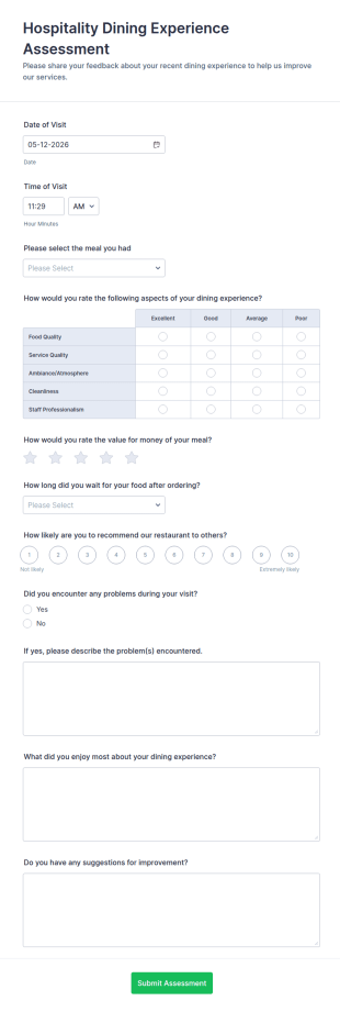 Hospitality Dining Experience Assessment Form Template