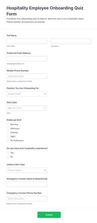 Hospitality Employee Onboarding Quiz Form Template